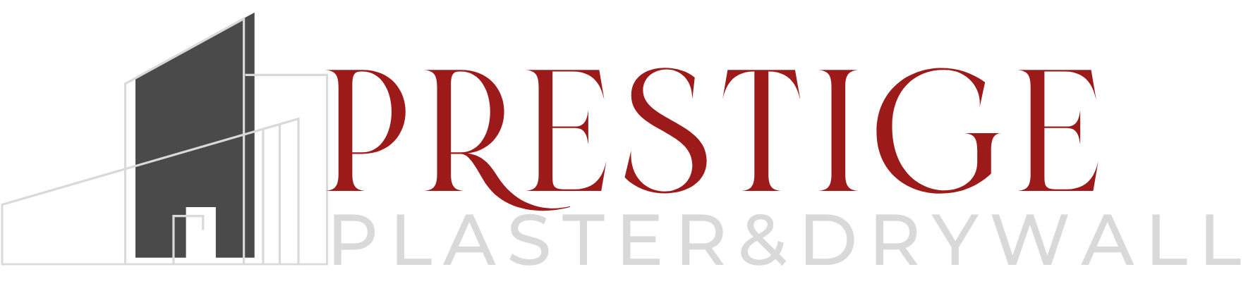 prestige plaster & drywall logo with a modern house graphic next to the words prestige plaster & drywall